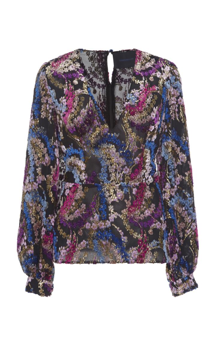Costarellos Hand-painted Velvety Devor Silk Blouse