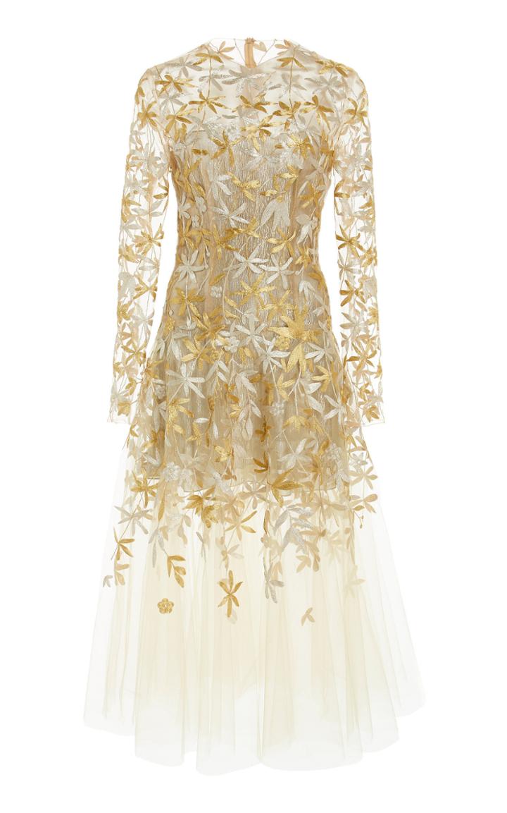 Oscar De La Renta Full Sleeve Embroidered Midi Dress