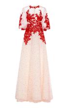 Costarellos Blouson Sleeve Flocked Dot Tulle Dress With Lace Lining An