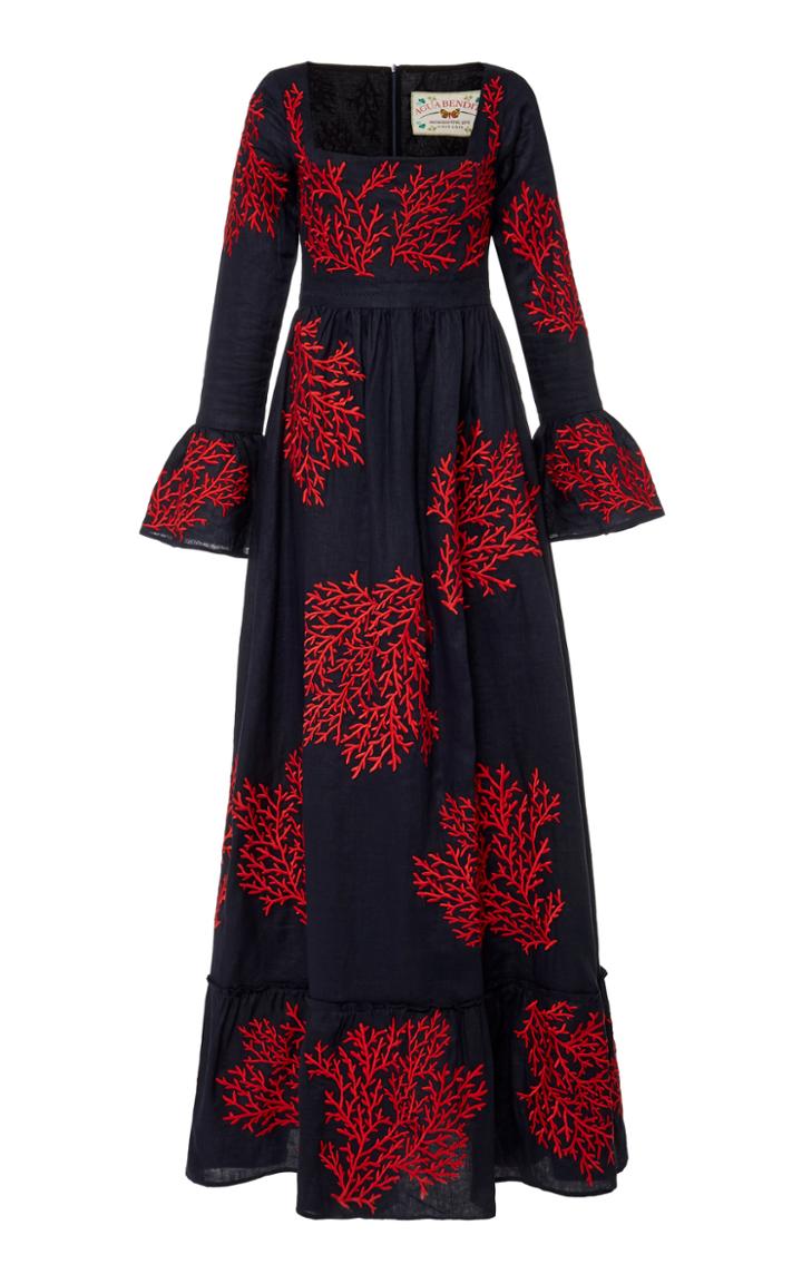 Agua By Agua Bendita Curuba Coralina Embroidered Linen Maxi Dress