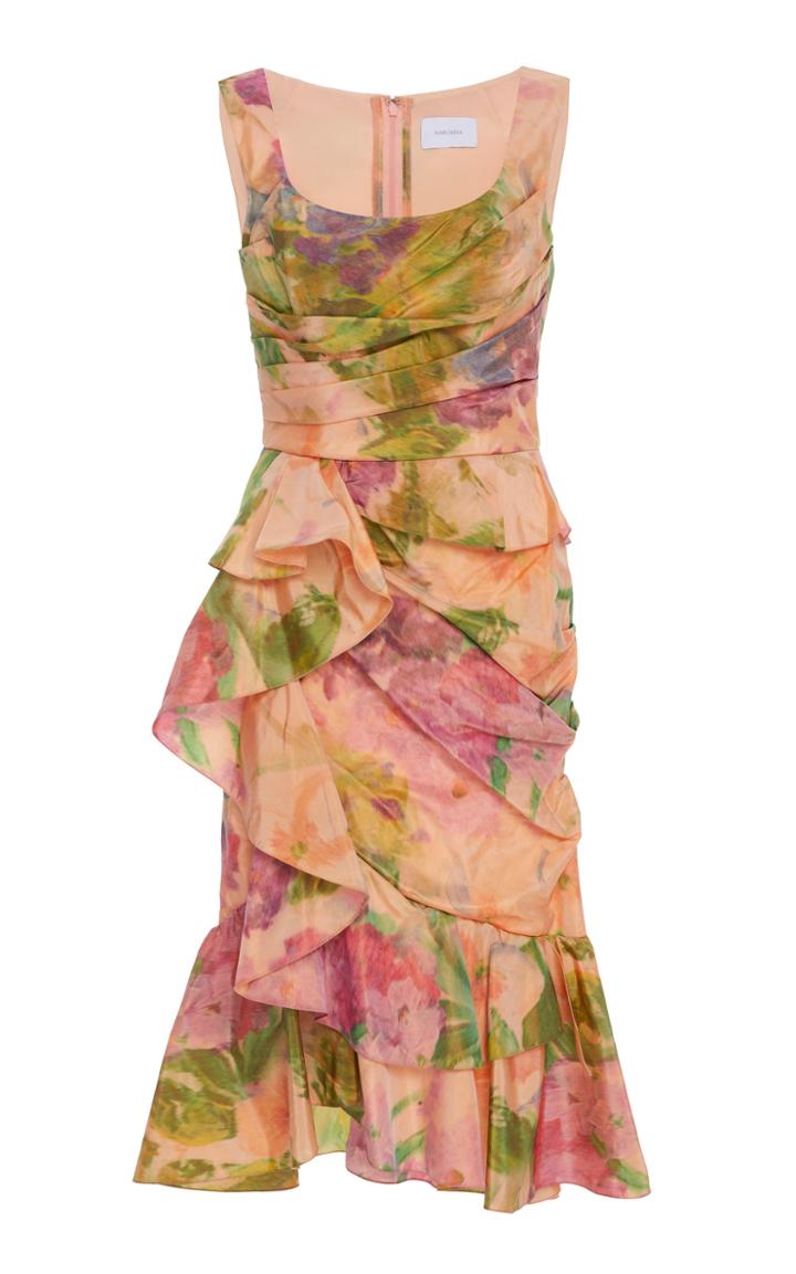 Marchesa Draped Taffeta Midi Dress