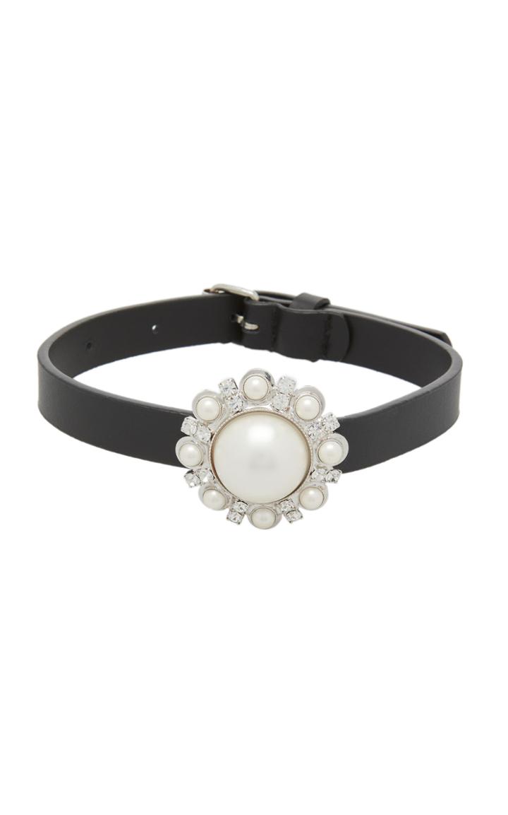 Moda Operandi Alessandra Rich Pearl Embellished Leather Choker Necklace