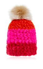 Mischa Lampert Pink Colorblock Wool Beanie Hat With Blush Fox Fur Poms