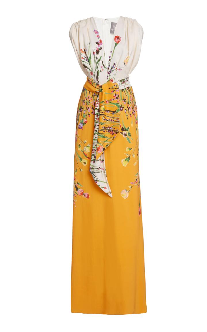 Lela Rose Belted Floral Crepe Gown