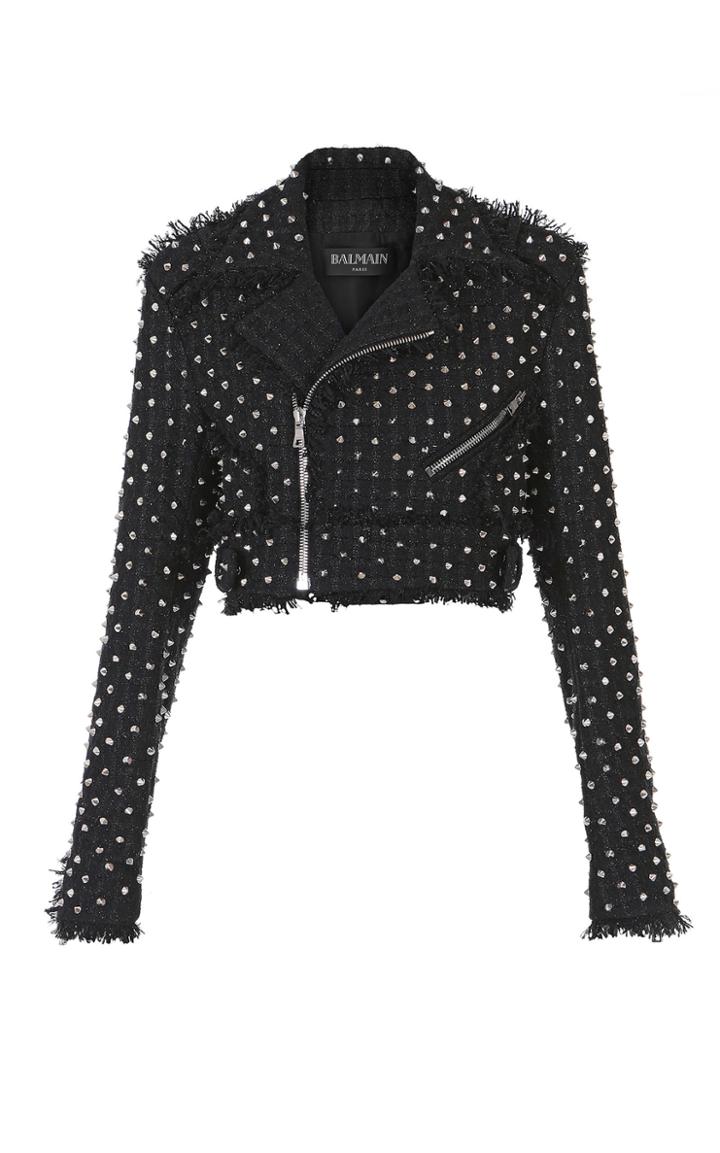 Balmain Perfecto Spiked Cropped Motorcycle Tweed Jacket