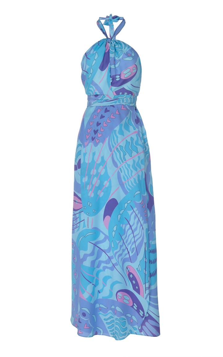 Rixo Bluebelle Twist-front Silk Halter Dress