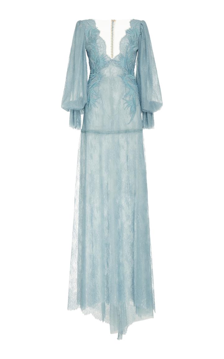 Costarellos Chantilly Lace V-neck Gown