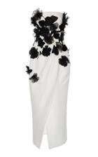 Monique Lhuillier Silk Flower Embellished Strapless Midi Dress