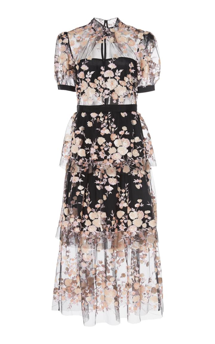 Self Portrait Floral-embroidered Mesh Midi Dress