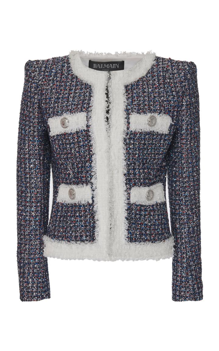 Balmain Collarless Sequin Tweed Jacket