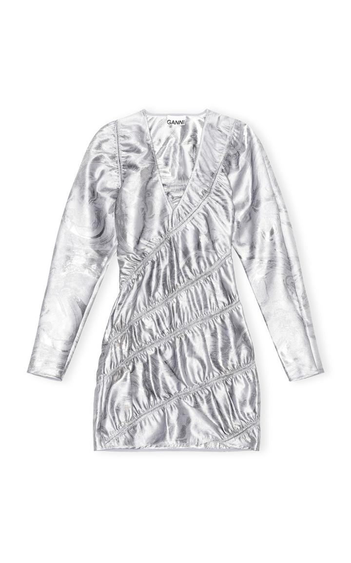 Moda Operandi Ganni Shiny Jacquard Ruched Long Sleeve Mini Dress