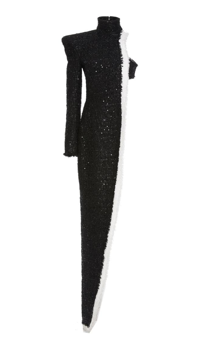 Balmain Asymmetric Tweed Maxi Dress
