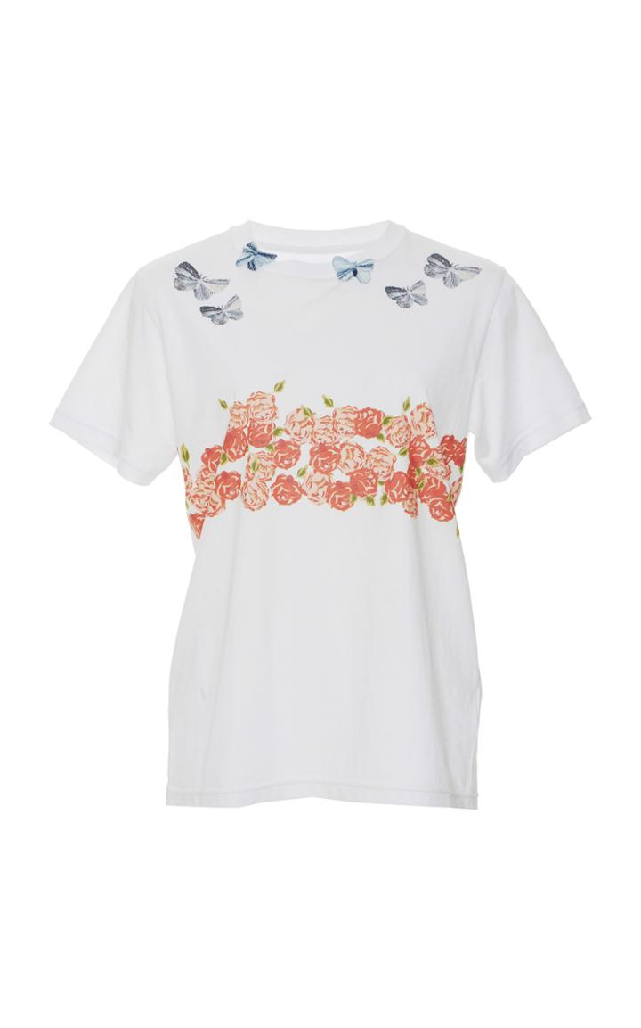 Luisa Beccaria Cotton Printed Rose And Butterfly T-shirt