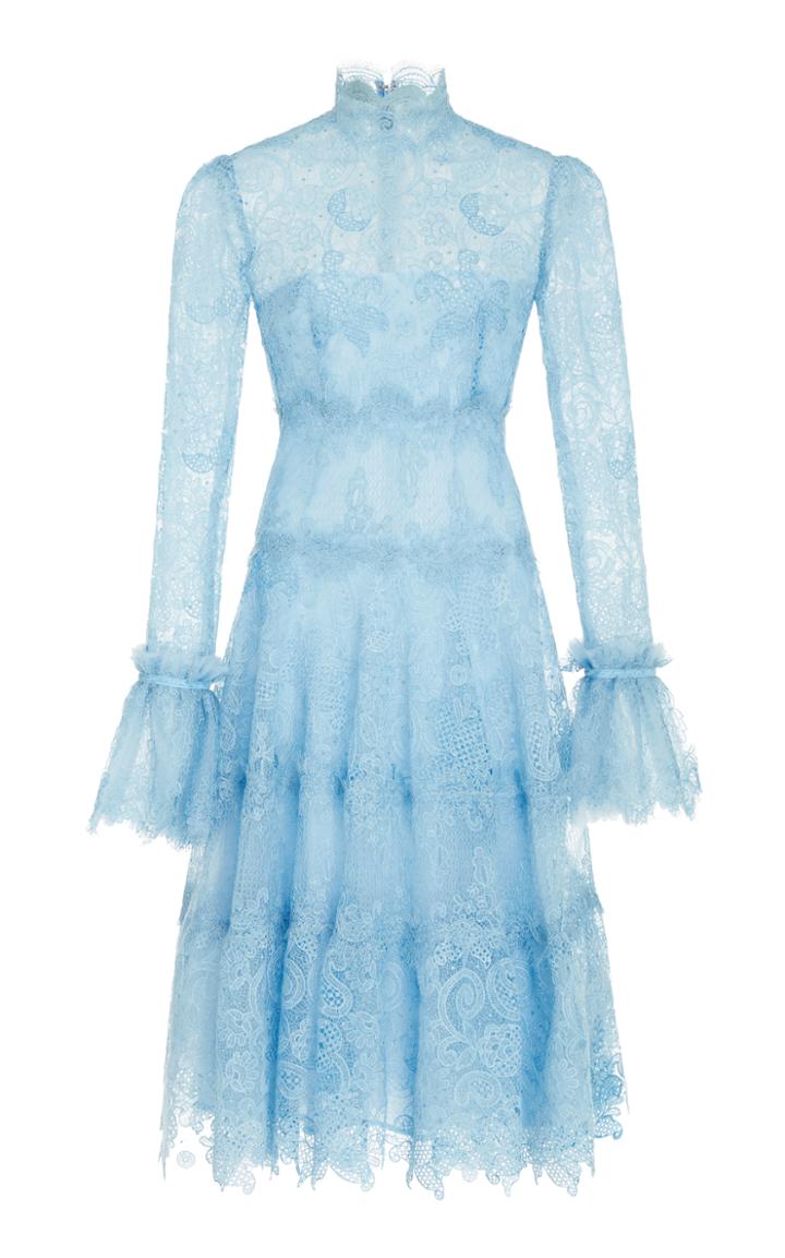 Costarellos Gossamer Lace Mock Neck Dress