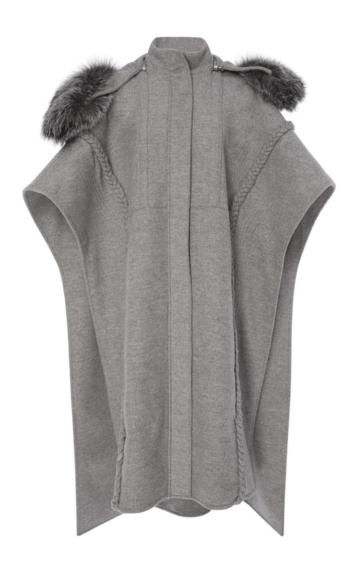 Prabal Gurung Braid Embroidered Hooded Poncho With Silver Fox Fur