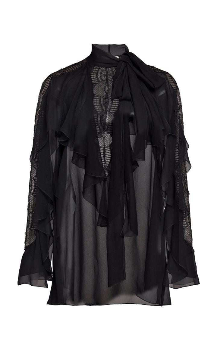 Alberta Ferretti Embroidered Ruffled Silk Blouse