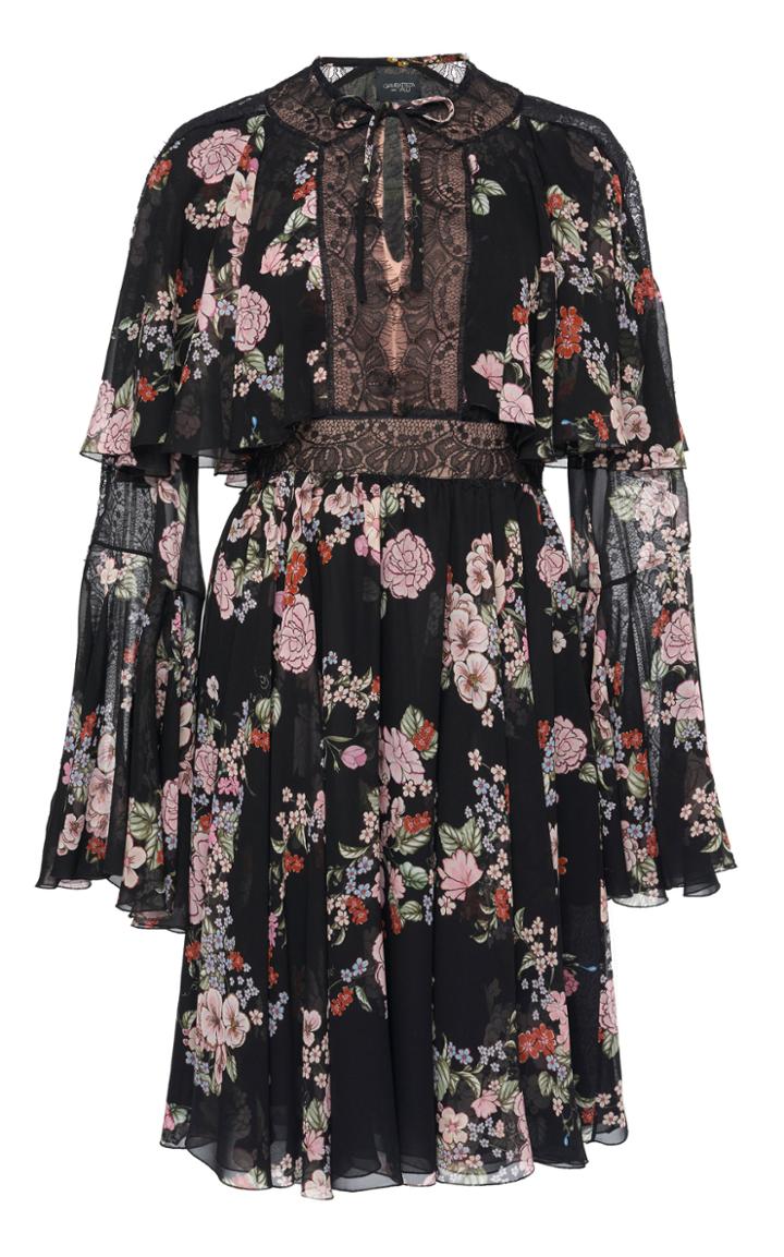 Giambattista Valli Floral Printed Silk Chiffon Dress With Lace Inset