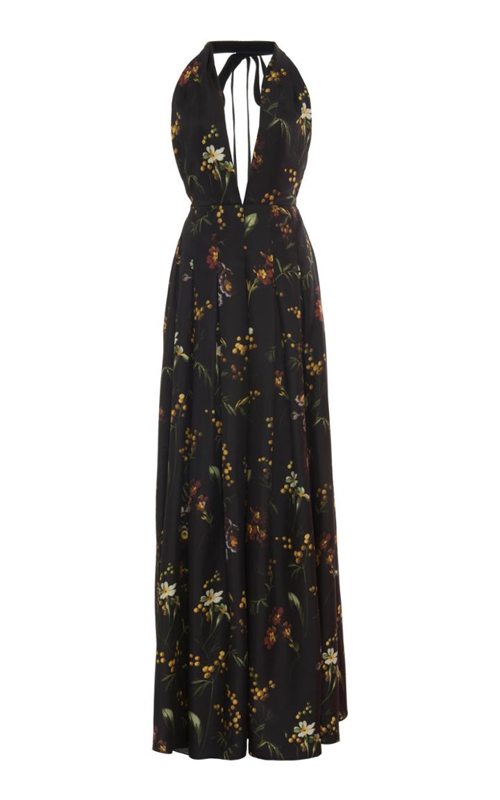 Oscar De La Renta Floral Printed Silk Halter Gown