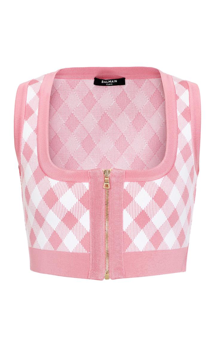 Moda Operandi Balmain Gingham Jacquard-knit Crop Top