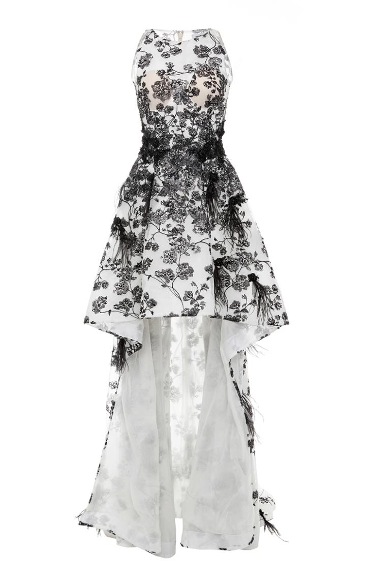 Pamella Roland Embroidered Lace High Low Gown With Ostrich Plumes