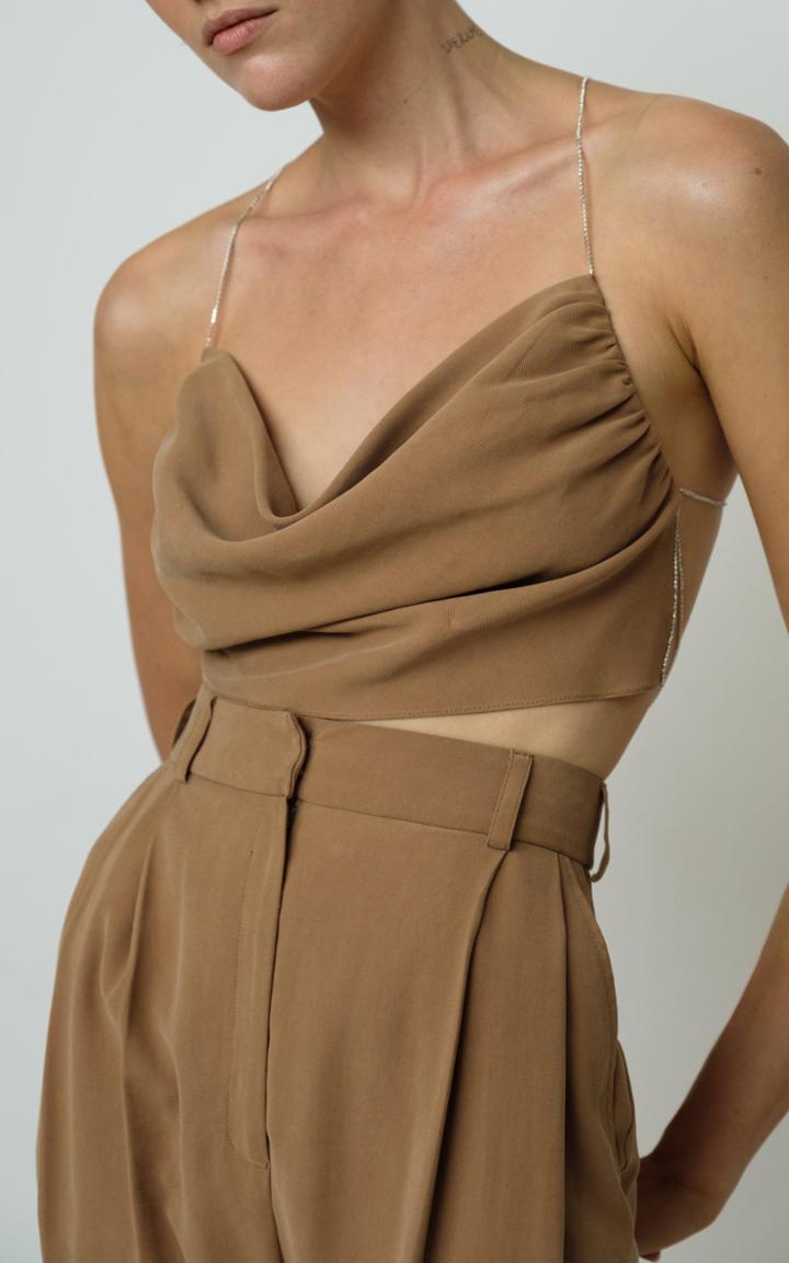Moda Operandi Kalmanovich Camel Crystal Straps Cowl Neck Crop Top