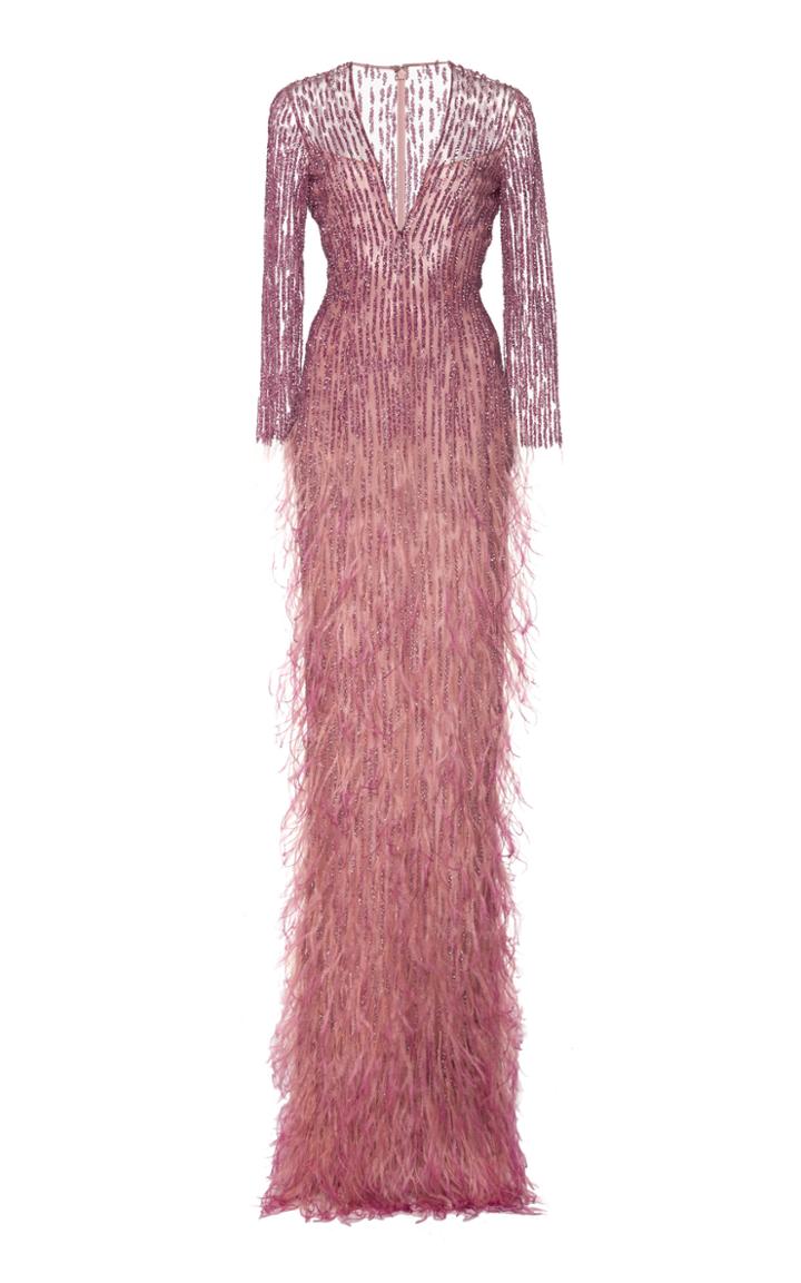 Pamella Roland Sequined And Feather Ombre Gown