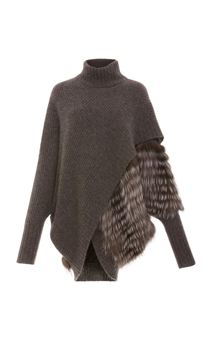 Sally Lapointe Airy Wrap Front Sweater With Fox Fur