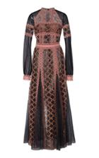 Costarellos Dotted Tulle Embroidered Godet Dress