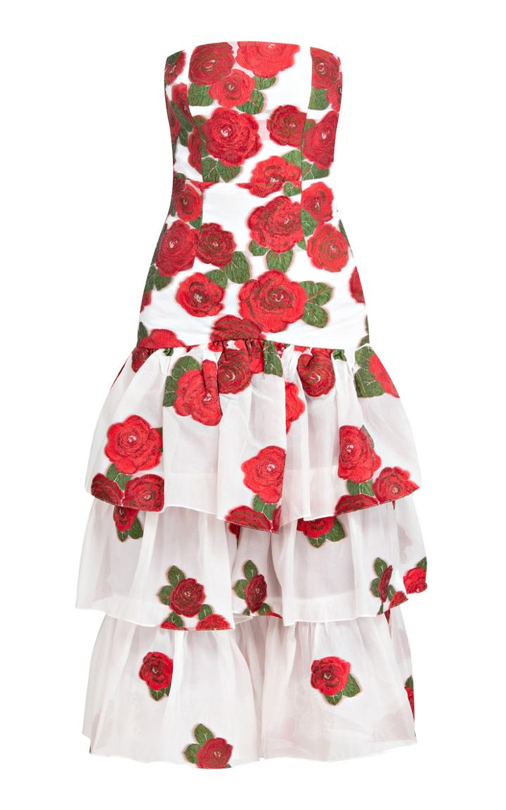 Bambah White Roses Strapless Midi Ruffle Dress