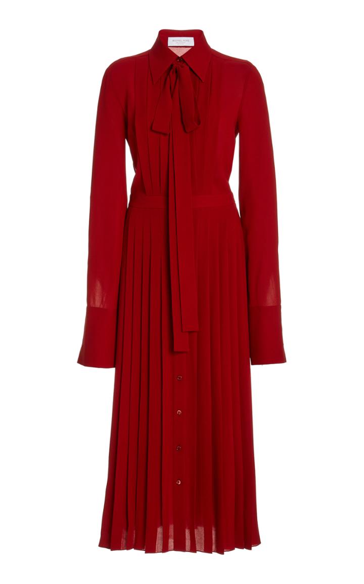 Moda Operandi Michael Kors Collection Silk Georgette Pleated Shirt Dress With Neck T
