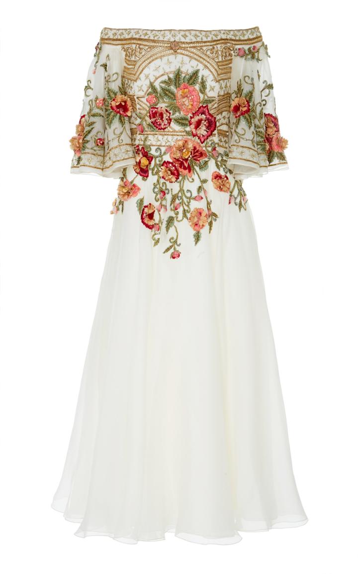 Marchesa Off-the Shoulder Embroidered Silk-organza Dress