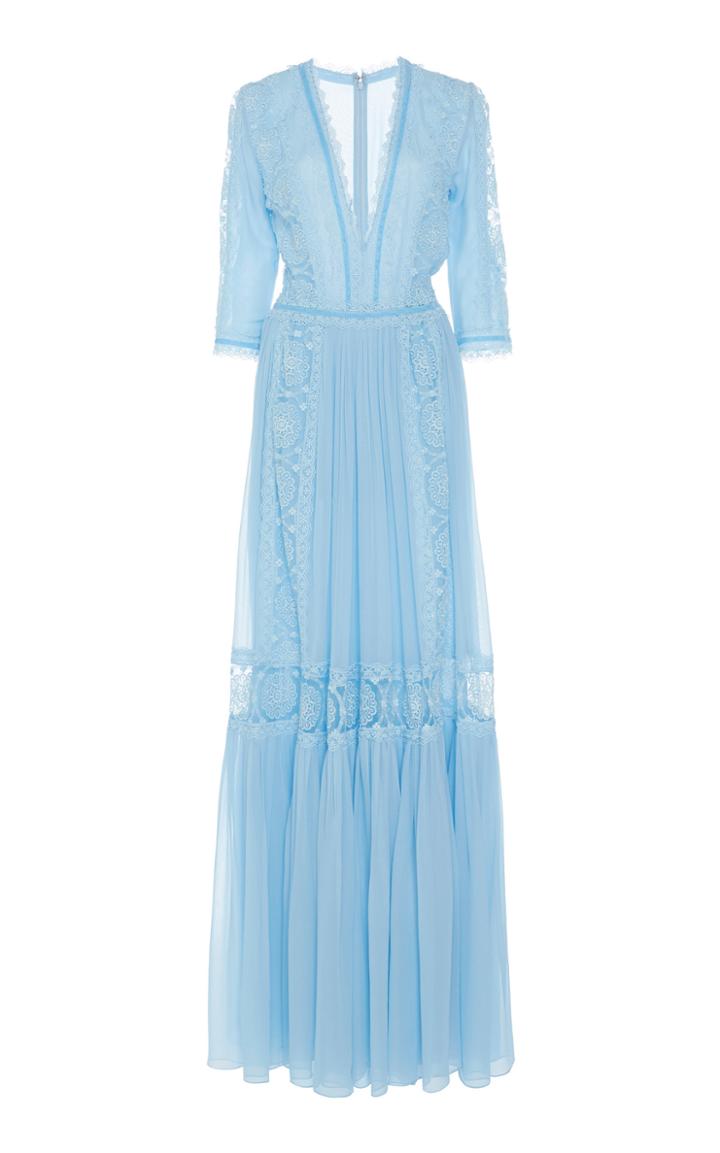 Costarellos Embroidered Lace Trim Silk Chiffon Gown