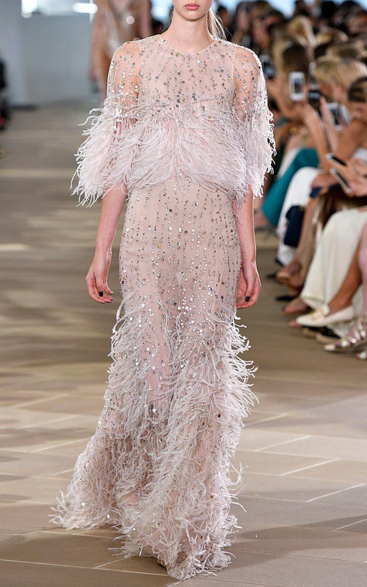 Monique Lhuillier Embroidered Gown With Cascading Ostrich Feathers