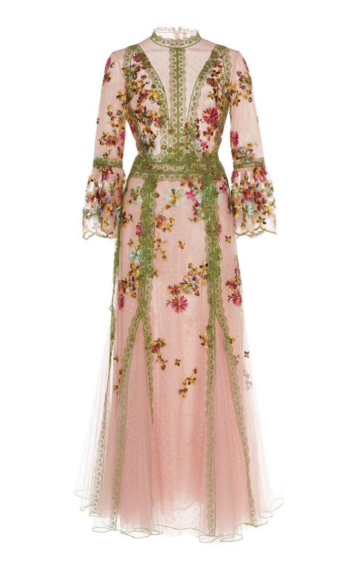Costarellos Illusion Lace Yoke Embroidered Tulle Dress