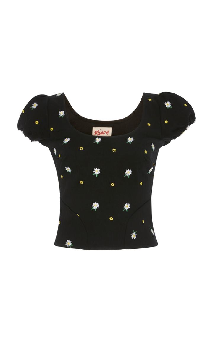 Miaou Kelly Cap Sleeve Embroidered Stretch Cotton Top