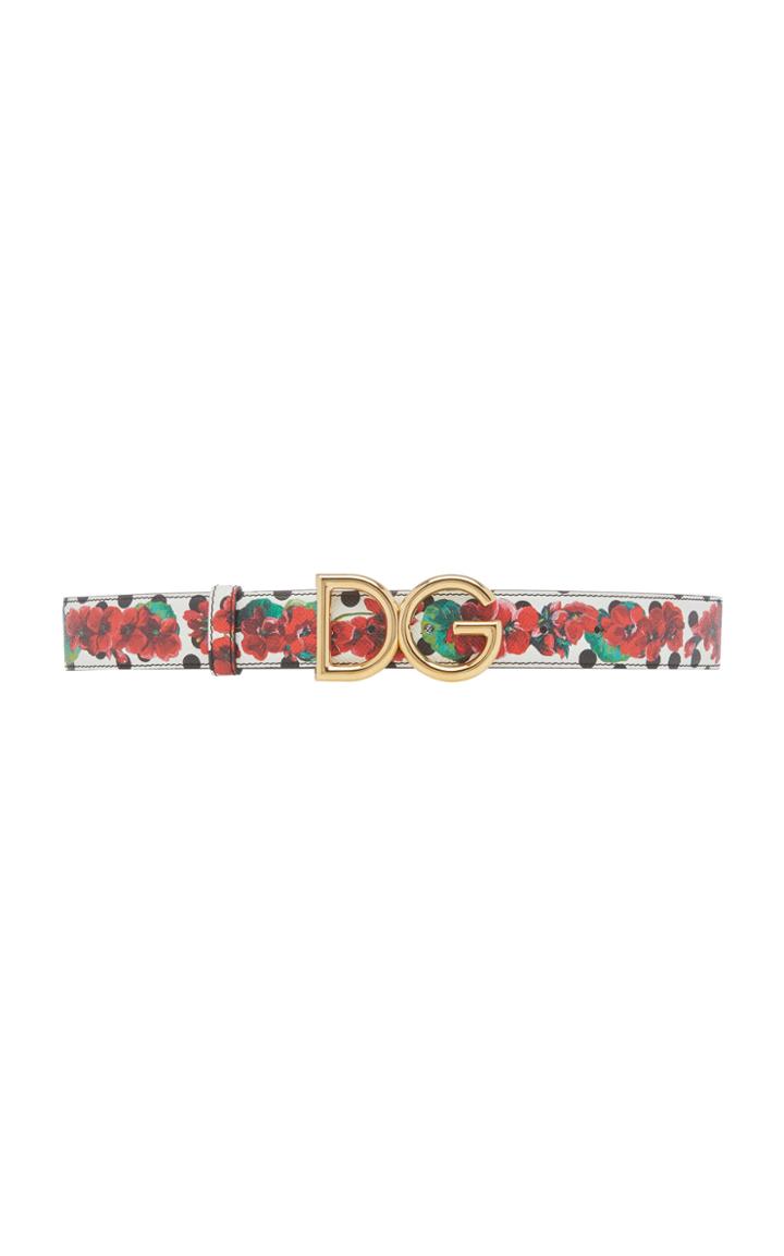 Dolce & Gabbana Floral-print Leather Logo Belt Size: 65 Cm