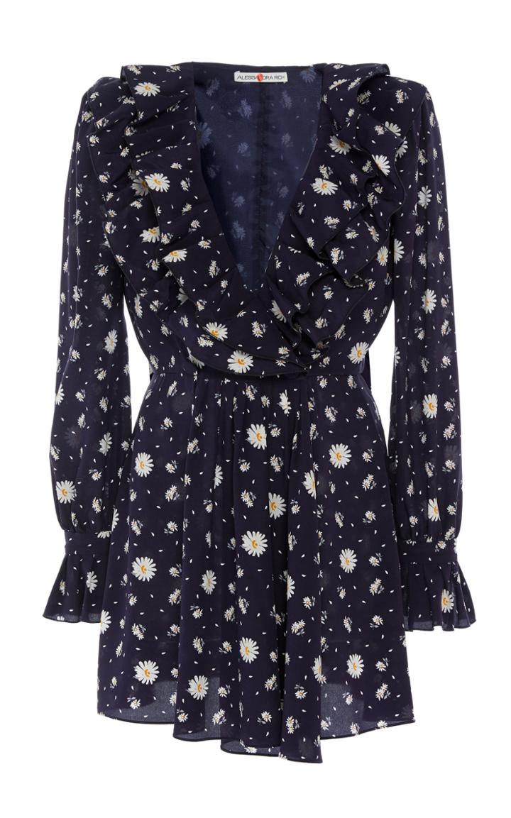 Alessandra Rich Silk Daisy Print Ruffled V-neck Mini Dress