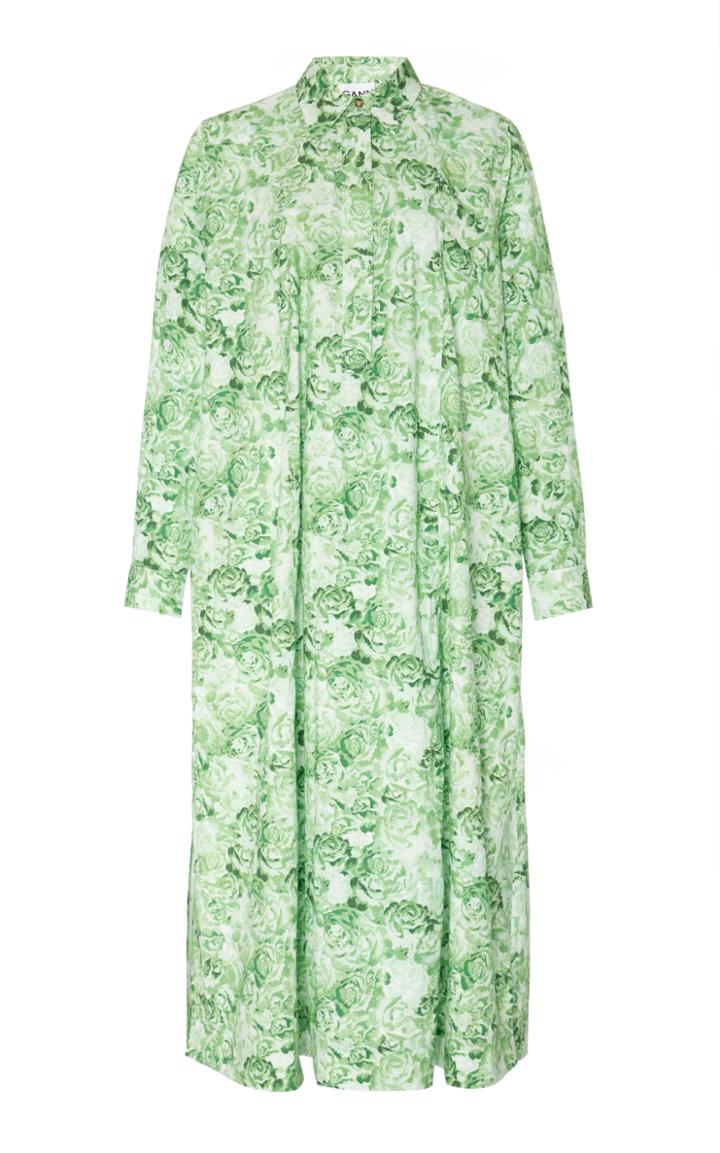 Ganni Printed Cotton Poplin Long Sleeve Midi Dress