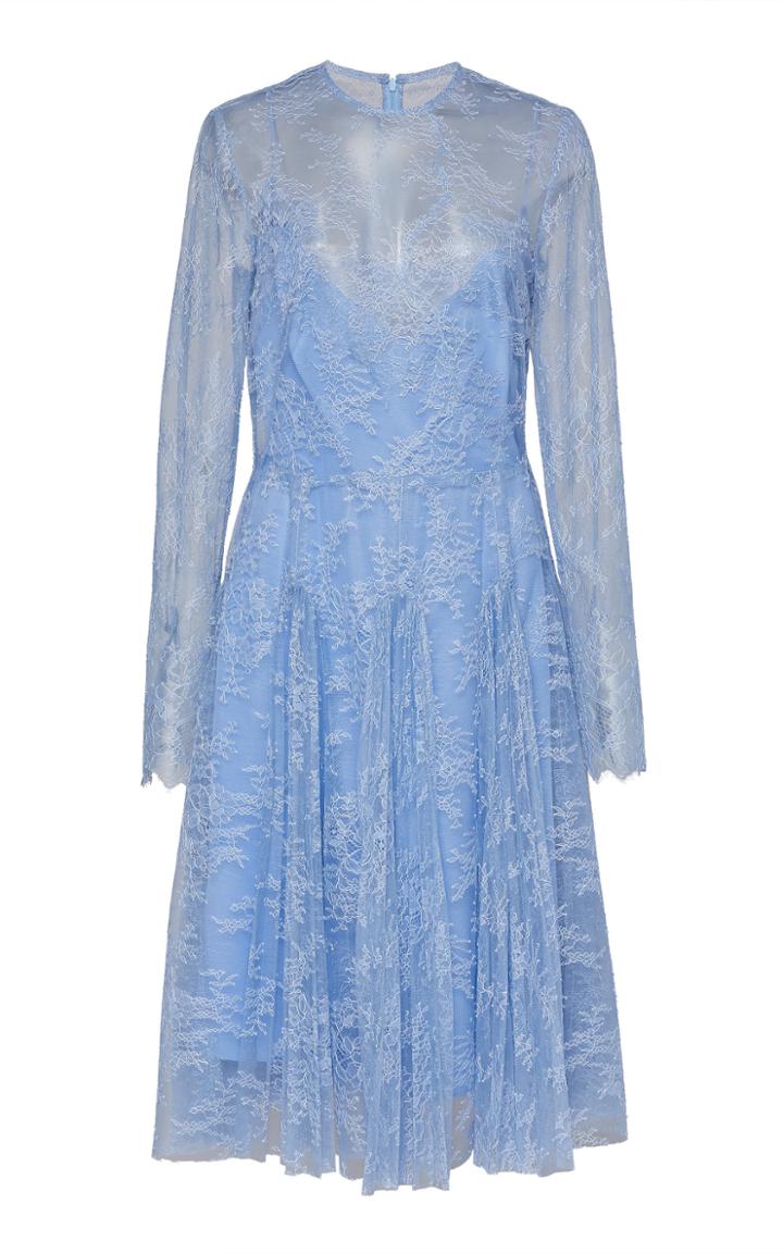 Lela Rose Pleated Chantilly Lace Drop Waist Dress