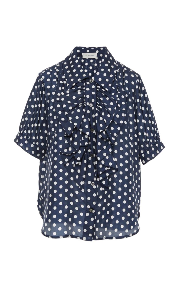 Lee Mathews Mavis Spot Silk Hab Ruffle Short Sleeve Top
