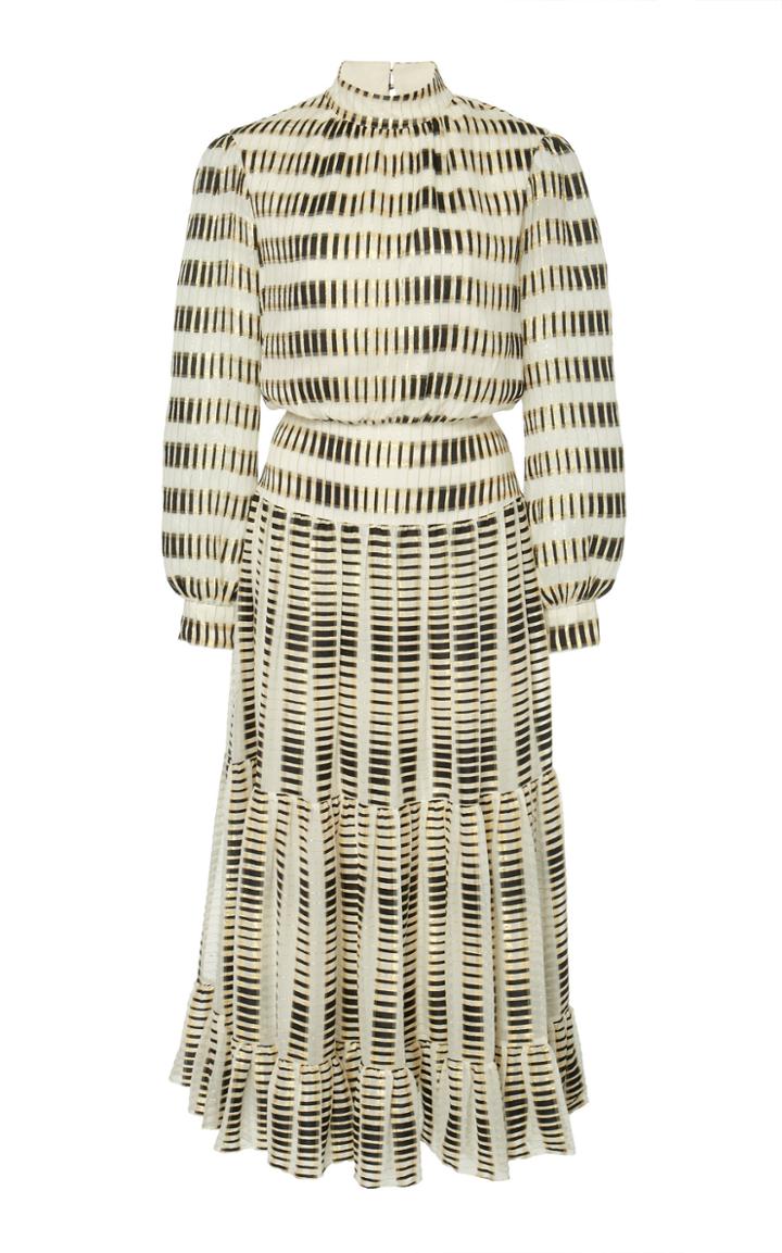 Saloni Isabel Ruffle-tier Metallic-stripe Mock-neck Midi Dress