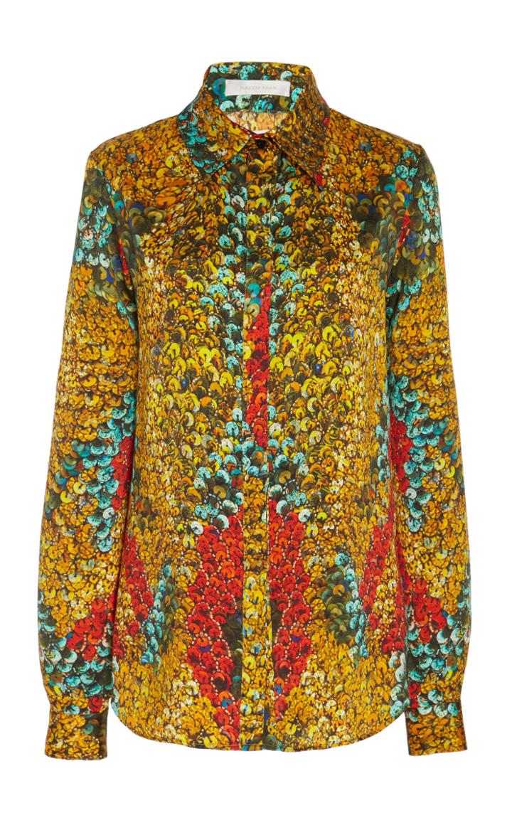 Naeem Khan Sequin Print Silk Long Sleeve Blouse