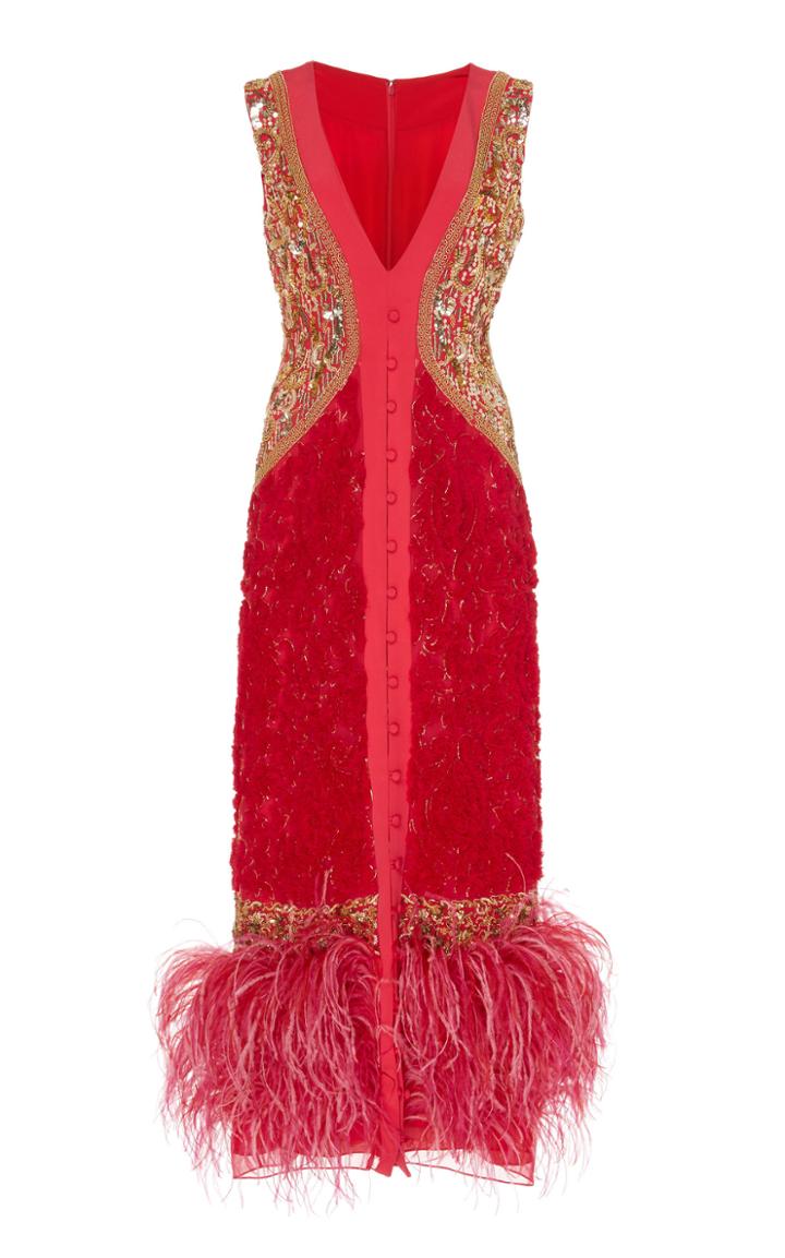 Prabal Gurung Lahore Sleeveless V-neck Feather Hem Dress
