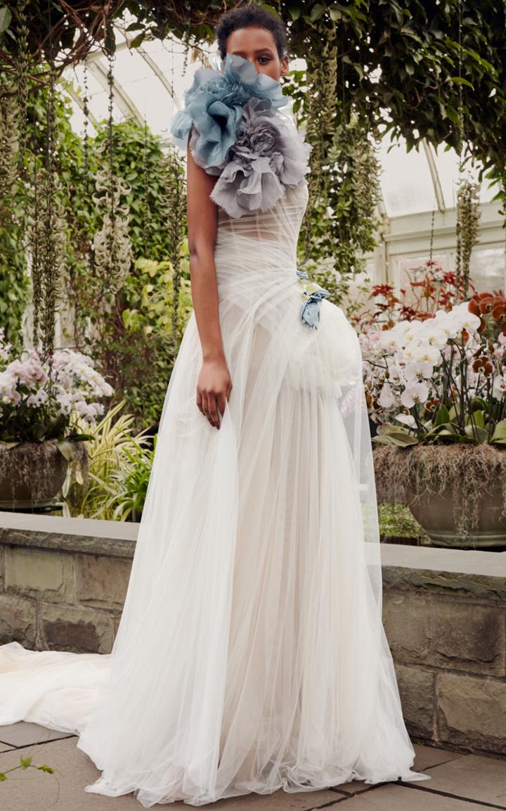 Vera Wang Delphinium One Shoulder French Tulle Gown