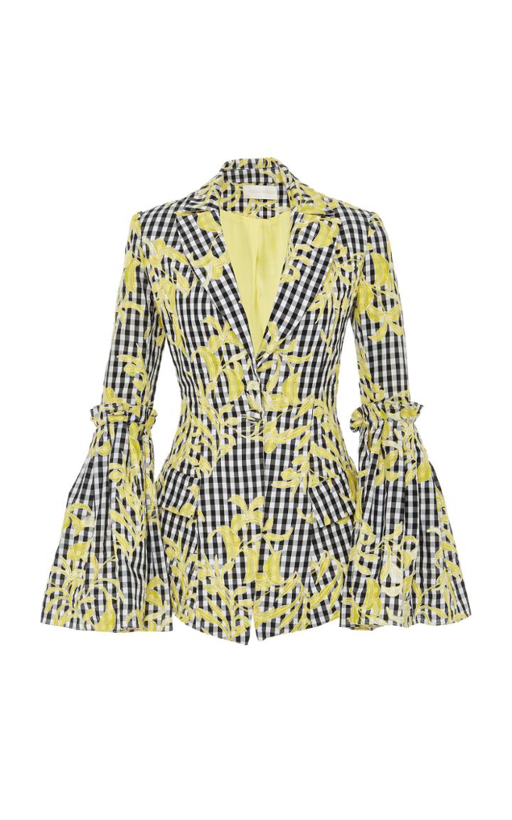 Christian Siriano Banana Gingham Pleated Sleeve Blazer