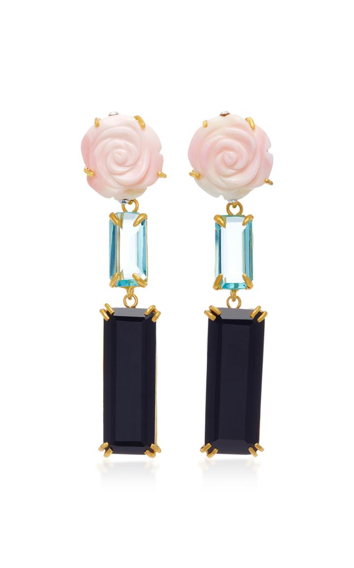 Bounkit 14k Gold-plated Brass Carved Pink Mother Of Pearl Flower Blue Quartz And Black Onyx Earrings