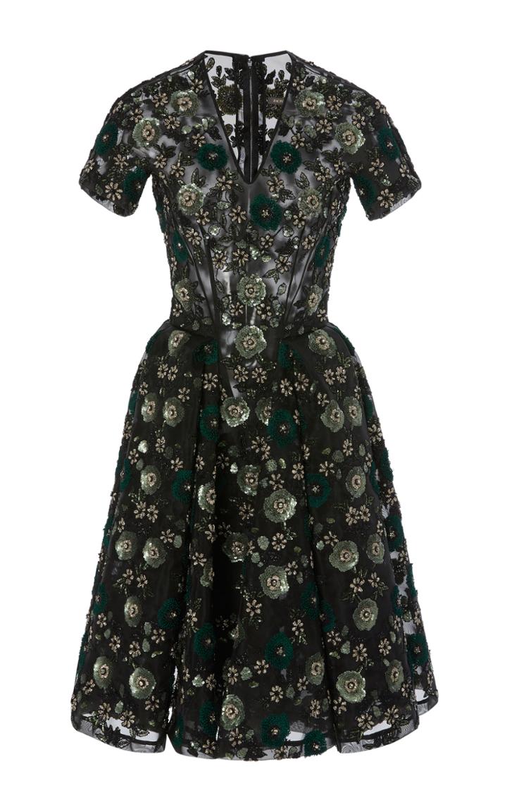 Zac Posen Hand Embroidered Short Sleeve Dress