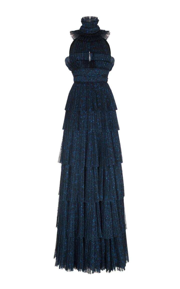 Rasario High Neck Tiered Lurex Gown