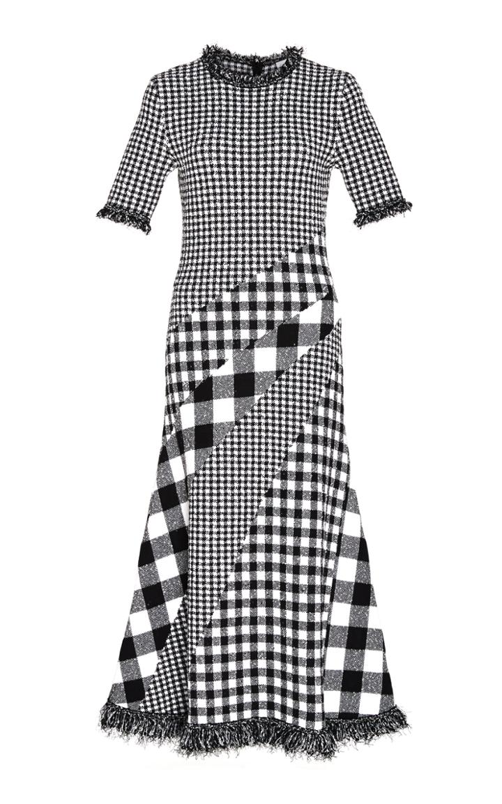 Oscar De La Renta Asymmetric Gingham Tweed Midi Dress