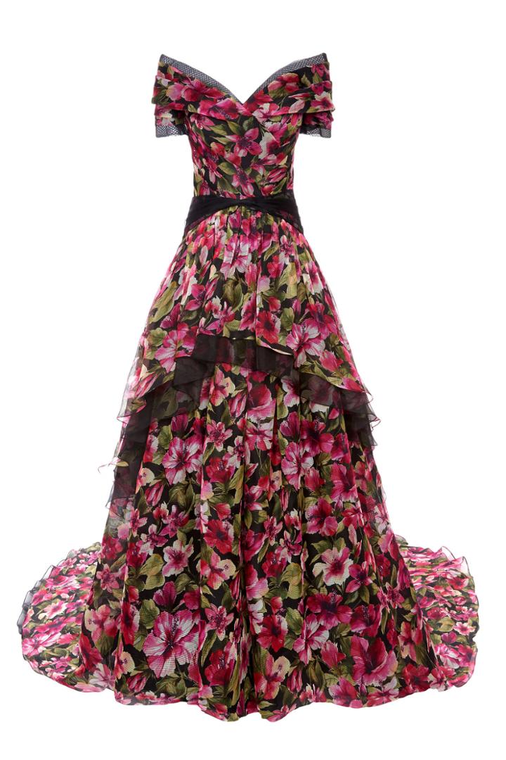 Pamella Roland Printed Mesh Organza Draped Gown